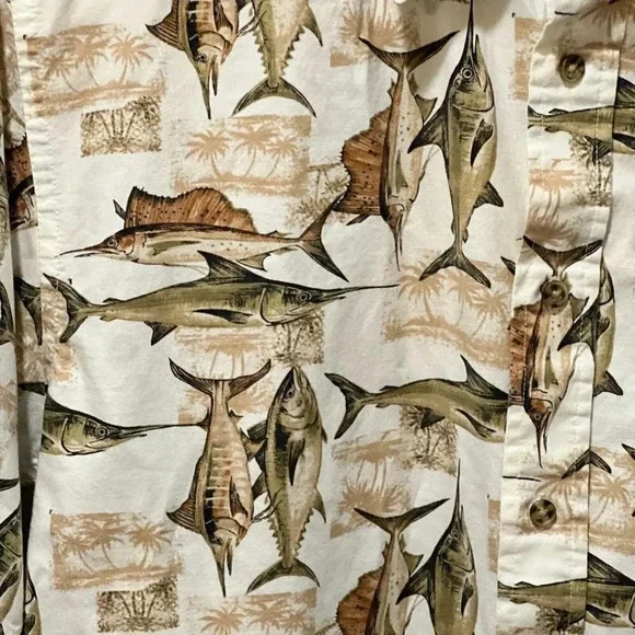 Puritan Mens Brown Marlin Fish Hawaiian Button Down Shirt Small Short Sleeve - Picture 6 of 9